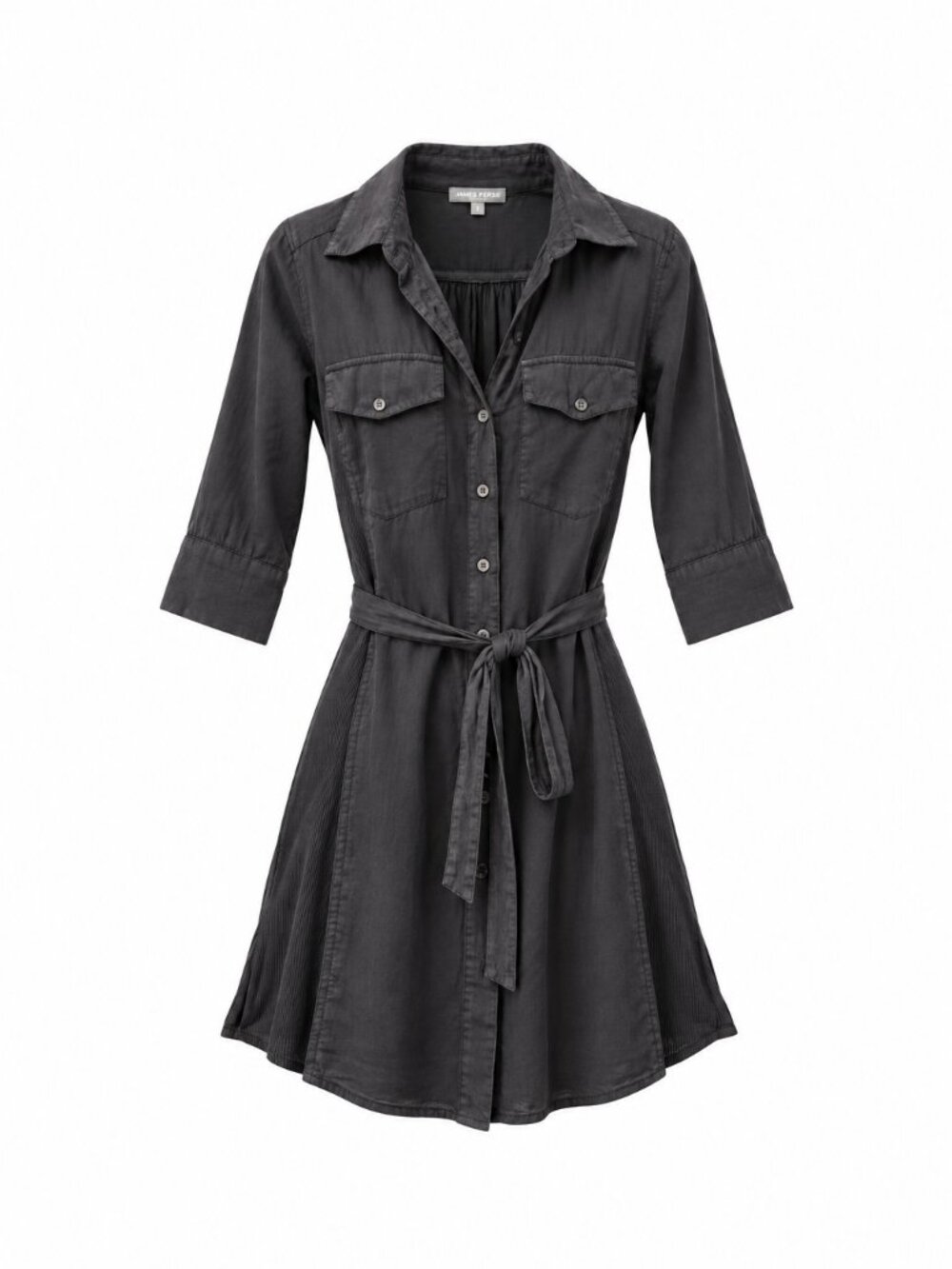 James Perse 1 S Black Cotton Belted Shirt Dress Rib Knit Panels 3/4 Sleeve